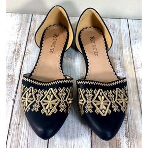Restricted Womens Black Gold Geometric Embroidered Pointed Toe dOrsay Flats 8.5M
